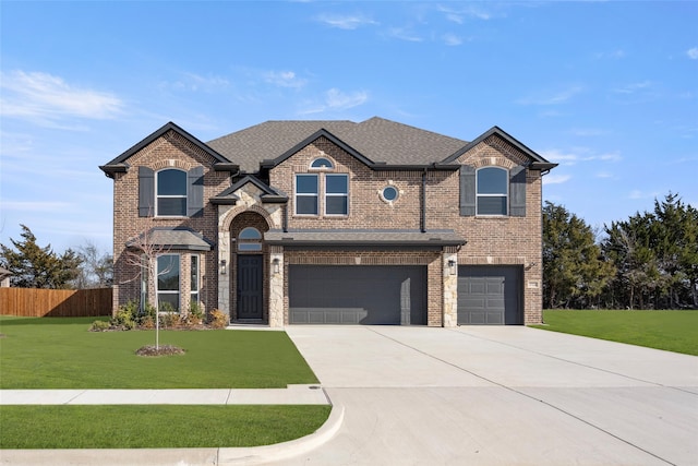 view of front of property featuring a garage and a front lawn