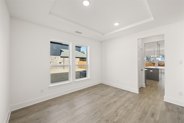 empty room featuring light hardwood / wood-style floors and a raised ceiling