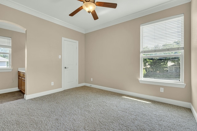 unfurnished bedroom with carpet, ceiling fan, and ornamental molding