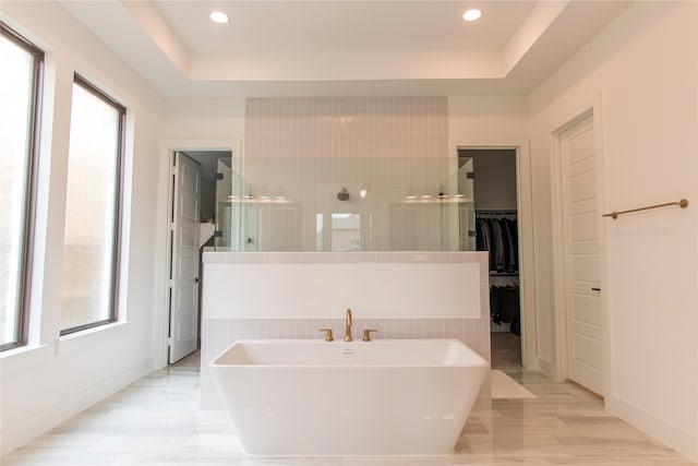 bathroom featuring a healthy amount of sunlight, a raised ceiling, and a bathing tub