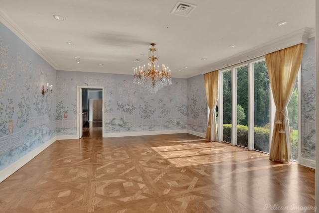 unfurnished room featuring parquet flooring, a chandelier, and ornamental molding