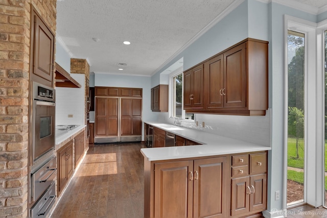 kitchen with dark wood-type flooring, kitchen peninsula, crown molding, decorative backsplash, and appliances with stainless steel finishes