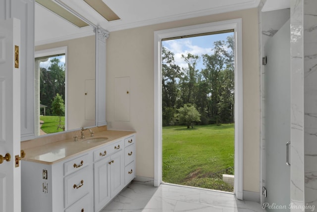 bathroom featuring vanity, crown molding, and walk in shower