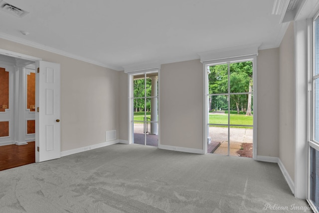 empty room featuring ornamental molding and light carpet