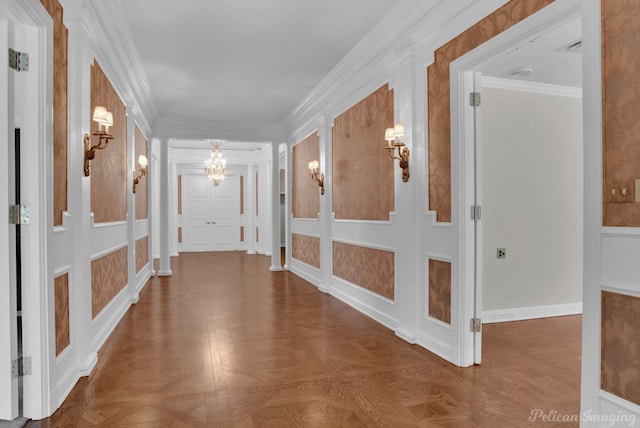 corridor with parquet floors and ornamental molding