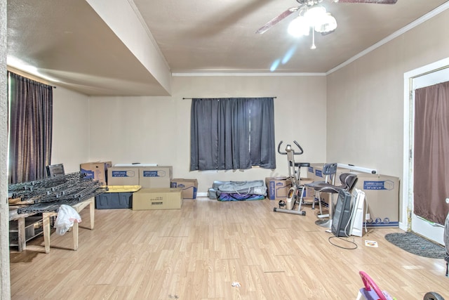 miscellaneous room featuring ceiling fan, light hardwood / wood-style flooring, and crown molding