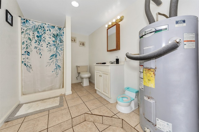 bathroom with vanity, electric water heater, tile patterned flooring, toilet, and a shower with curtain