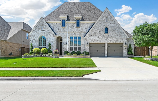 view of front of home featuring a garage and a front lawn