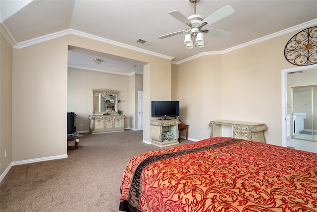 bedroom with ceiling fan, vaulted ceiling, carpet flooring, and ornamental molding