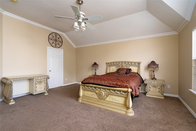 carpeted bedroom with crown molding, ceiling fan, and vaulted ceiling