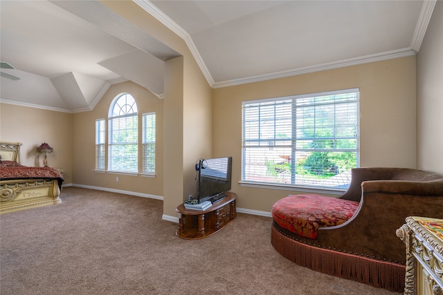 sitting room with carpet, ornamental molding, vaulted ceiling, and a wealth of natural light