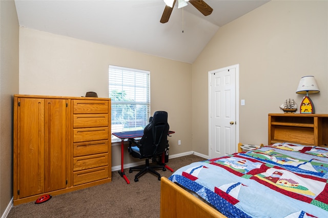 bedroom featuring vaulted ceiling, dark carpet, and ceiling fan