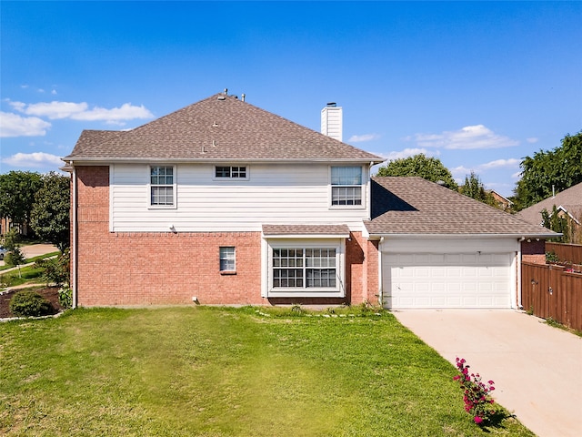 exterior space featuring a garage and a front lawn