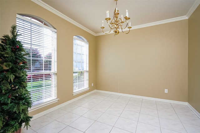 spare room with crown molding, light tile flooring, and a chandelier