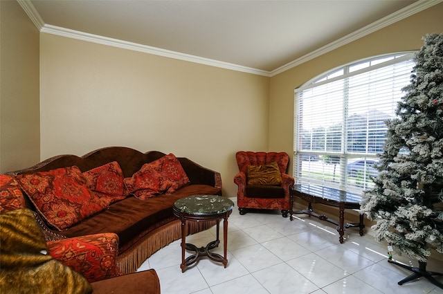 living room with ornamental molding and light tile flooring