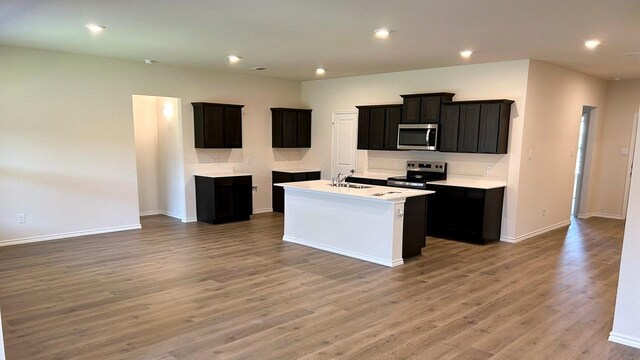 kitchen featuring stainless steel appliances, wood-type flooring, sink, and an island with sink