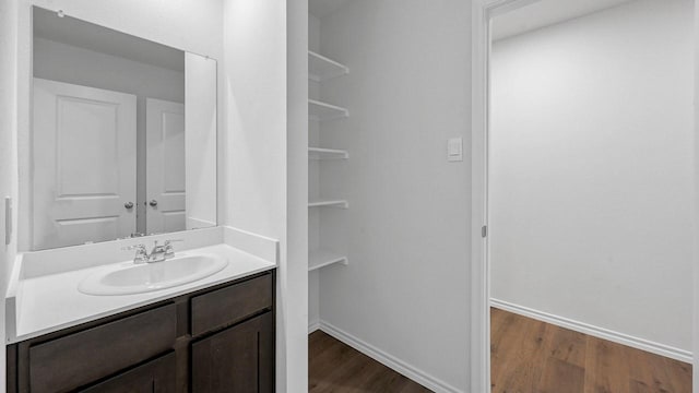 bathroom with hardwood / wood-style flooring and vanity