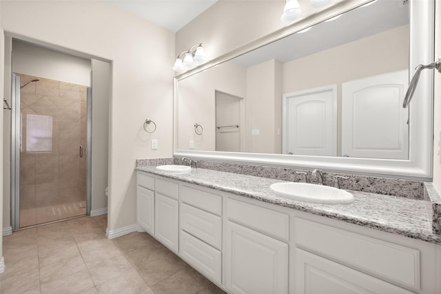 bathroom with vanity, tile patterned floors, and walk in shower