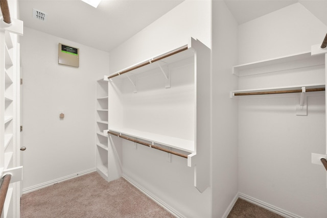 walk in closet with light carpet