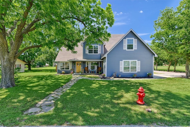 view of front of home with a porch and a front lawn