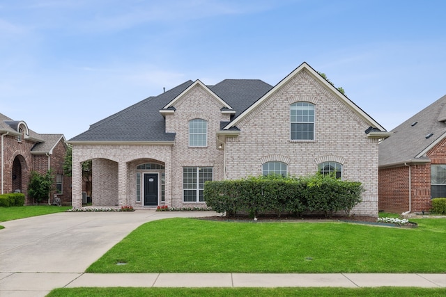 view of front of house featuring driveway, brick siding, a front yard, and a shingled roof