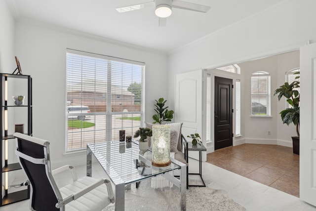 living area featuring light tile patterned floors, crown molding, and ceiling fan