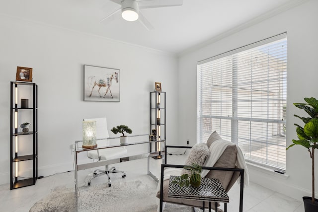 tiled office space featuring ceiling fan and ornamental molding