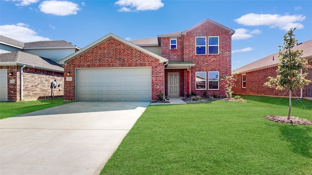 view of property with a front lawn and a garage