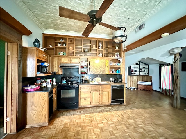 kitchen with decorative backsplash, light parquet floors, ceiling fan, and black appliances