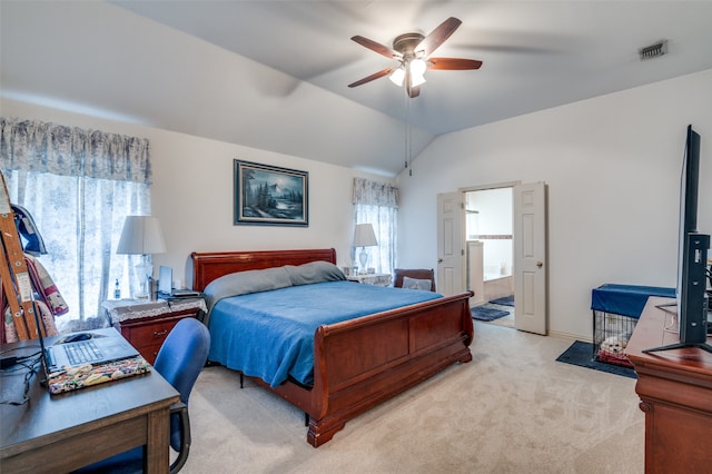 carpeted bedroom featuring lofted ceiling and ceiling fan