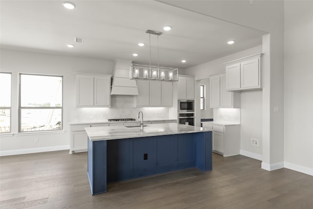 kitchen with hardwood / wood-style flooring, tasteful backsplash, appliances with stainless steel finishes, and custom range hood