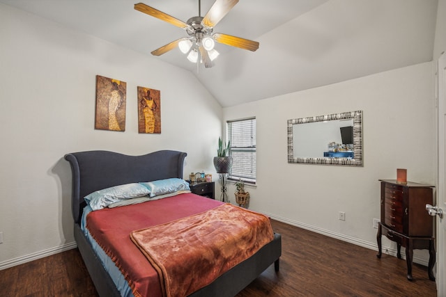 bedroom with ceiling fan, dark hardwood / wood-style flooring, and lofted ceiling