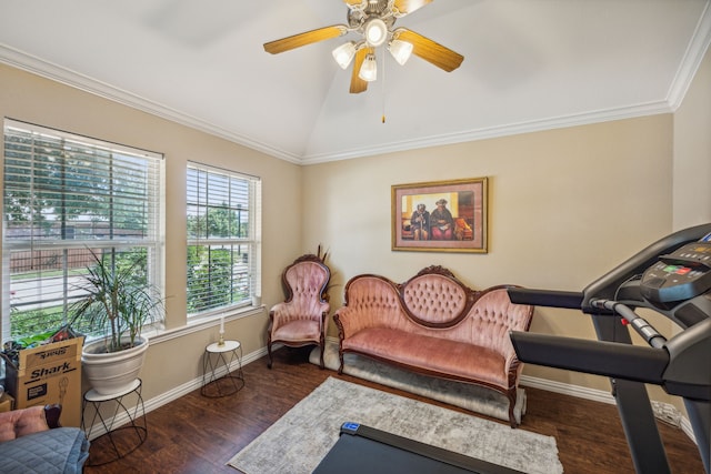 living room with ornamental molding, lofted ceiling, ceiling fan, and dark hardwood / wood-style flooring