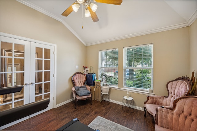 sitting room with ornamental molding, lofted ceiling, and dark hardwood / wood-style flooring