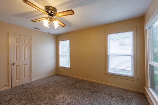 carpeted empty room featuring a textured ceiling, a wealth of natural light, visible vents, and baseboards