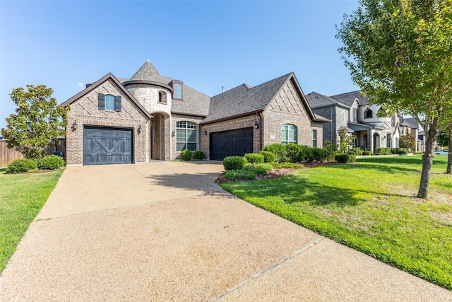 french country home featuring a front yard and a garage