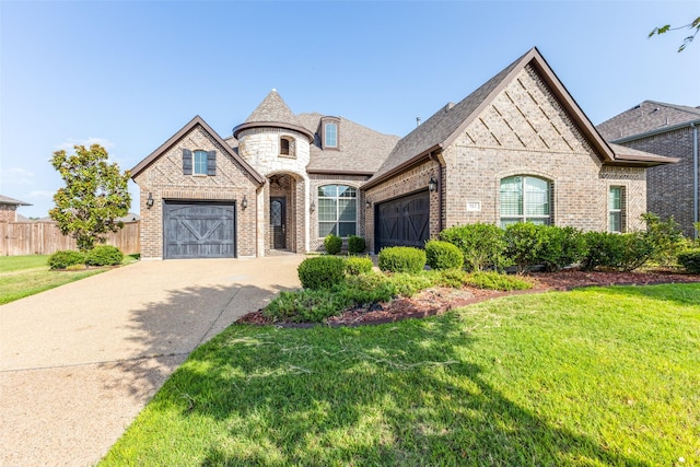 french country inspired facade with a front lawn and a garage