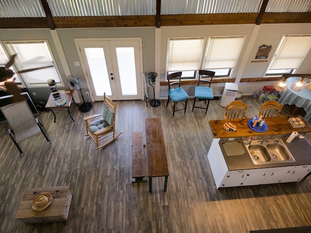 living room with french doors, beam ceiling, plenty of natural light, and dark hardwood / wood-style flooring