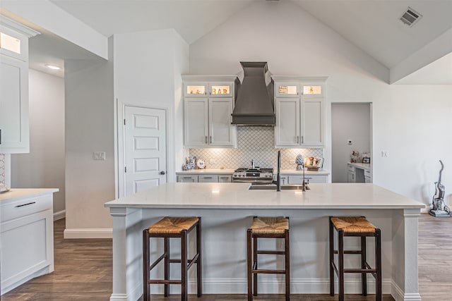 kitchen with a kitchen island with sink, dark wood-type flooring, tasteful backsplash, and custom exhaust hood