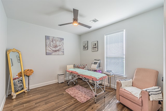 office featuring ceiling fan and dark wood-type flooring