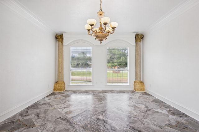 tiled empty room with ornamental molding, an inviting chandelier, and ornate columns