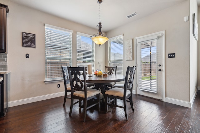 dining room featuring a healthy amount of sunlight and dark wood-type flooring