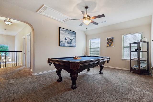 rec room with ceiling fan, a healthy amount of sunlight, carpet floors, and pool table