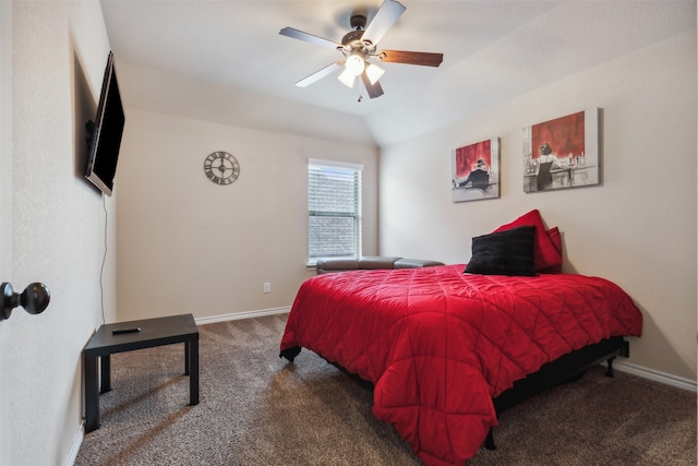 carpeted bedroom with ceiling fan and lofted ceiling