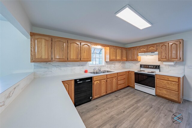 kitchen featuring tasteful backsplash, white electric range oven, light wood-type flooring, black dishwasher, and sink