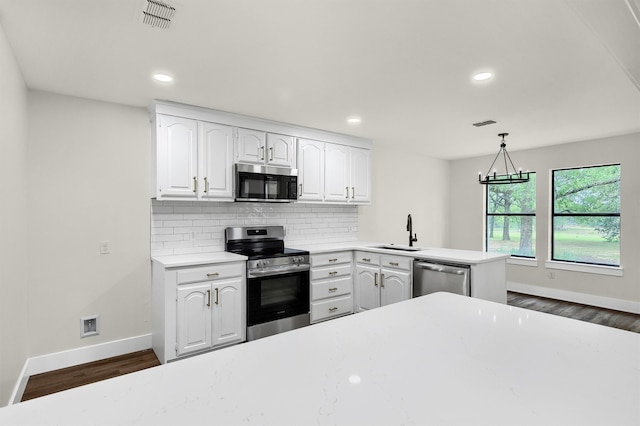 kitchen with stainless steel appliances, dark hardwood / wood-style flooring, white cabinets, and sink