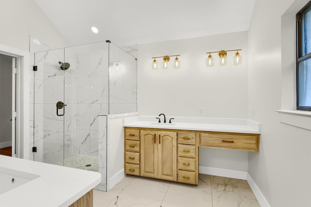 bathroom featuring walk in shower, vanity, and tile floors