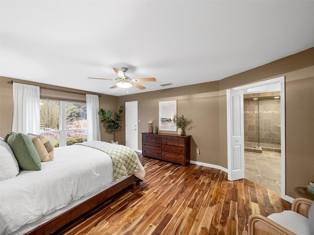 bedroom with wood-type flooring and ceiling fan