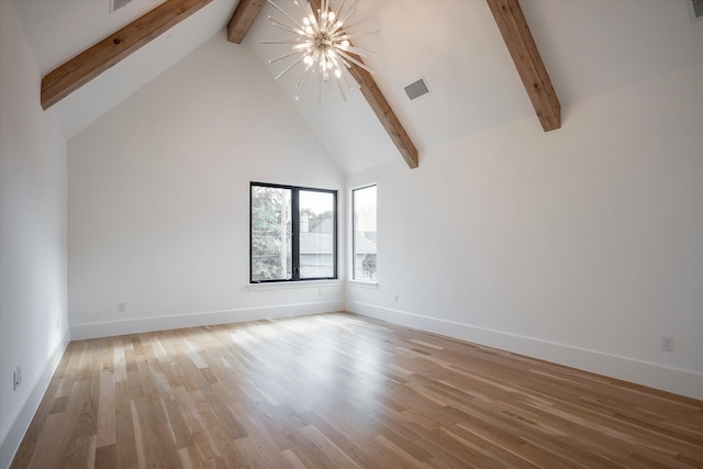 spare room with high vaulted ceiling, beamed ceiling, light hardwood / wood-style flooring, and an inviting chandelier