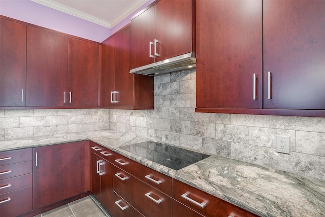 kitchen with black electric cooktop, ornamental molding, light stone counters, and tasteful backsplash